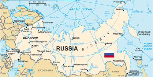 Map of Russia and Russian Flag adapted from images at state.gov