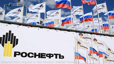 File Photo of Rosneft and Russian Flags Next to Rosneft Banner