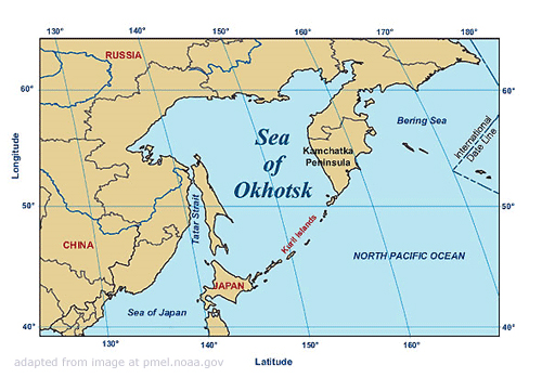 Map of Kuril Islands, Sea of Okhotsk, Portions of Russian Far East