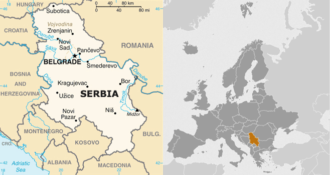 Map of Serbia and Environs, and Broader Map of Europe Highlighting Serbia