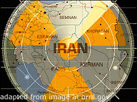 Map of Iran with Stylized Radar Sweep and Radiation Symbol Background Image