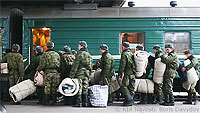 File Photo of Russian Military Conscripts Boarding Train with Gear