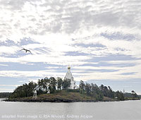 Valaam file photo showing Monastery church on wooded island