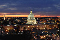 U.S. Capitol at Twilight With Washington Monument, National Mall, Washington, D.C., Environs and Sunset in Background