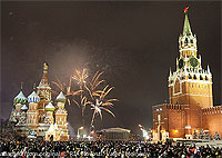 New Year's Eve in Red Square with Crowd and Fireworks