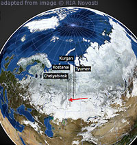 Stylized Satellite View of Globe Highlighting Russian Impact Location for Meteor