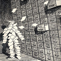 Artist's Rendition of Pile of Papers Shaped Like Human, Wall of File Cabinets, Flying Pieces of Paper