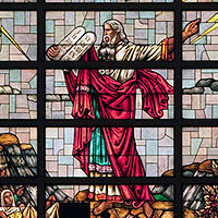 File Photo of Stained Glass Window Depicting Moses Holding the Tablets of the Ten Commandments
