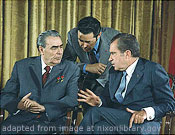 File Photo of Richard Nixon sitting with Leonid Brezhnev, with Third Person Standing and Leaning between Them
