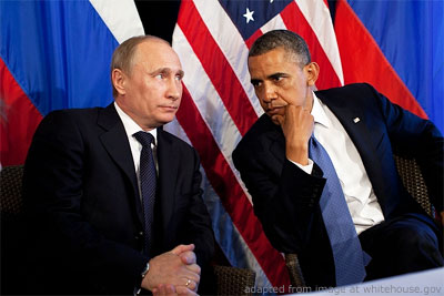 File Photo of Vladimir Putin and Barack Obama Seated Before Russian and U.S. Flags