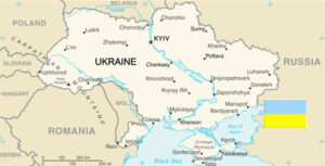 Map of Ukraine and Environs and Ukrainian Flags