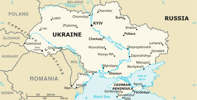 Map of Ukraine, Including Crimea, and Neighbors, Including Russia