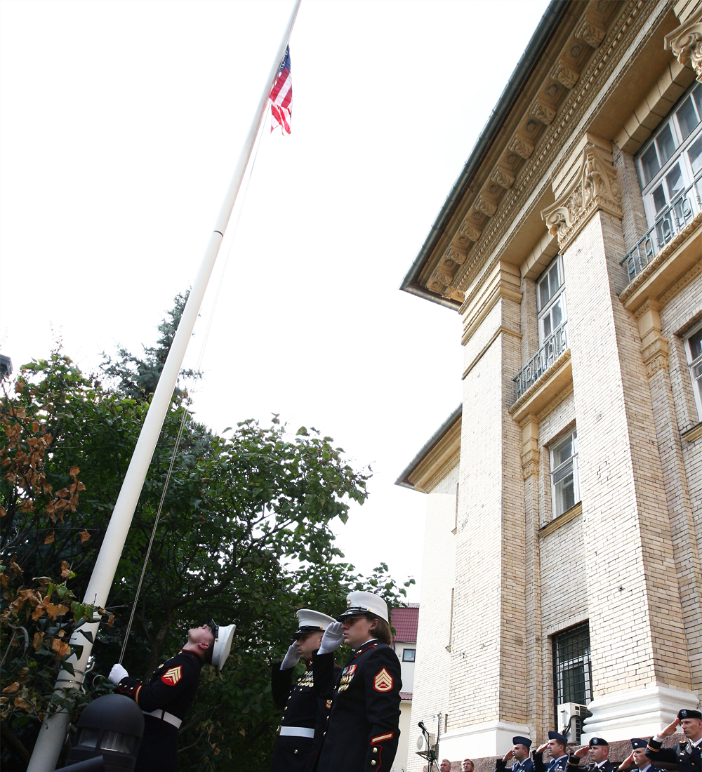 File Photo of U.S. Embassy in Kiev, Ukraine, with U.S. Flag on Pole and U.S. Military