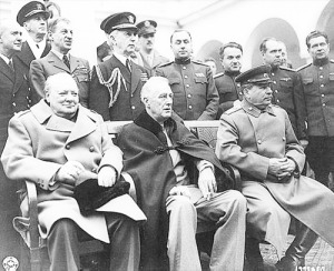 Winston Churchill, Franklin Roosevelt, Joseph Stalin and Crowd of Military Officers