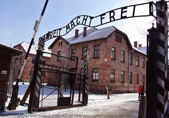 Auschwitz Concentration Entrance with Sign Arbeit Macht Frei