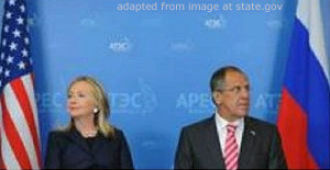 Hillary Rodham Clinton and Sergei Lavrov, Seated With Flags