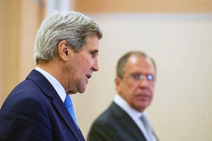 File Photo of John Kerry and Sergei Lavrov at Podiums