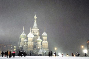 Snowy Night on Red Square with Old St. Basil's Lit Up