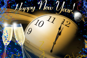 Happy New Year, Clock, Champagne Glasses