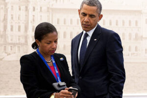 File Photo of Susan Rice and Barack Hussein Obama in St. Petersburg Russia, with Mural of St. Petersburg Scene in Background, adapted from image at whitehouse.gov