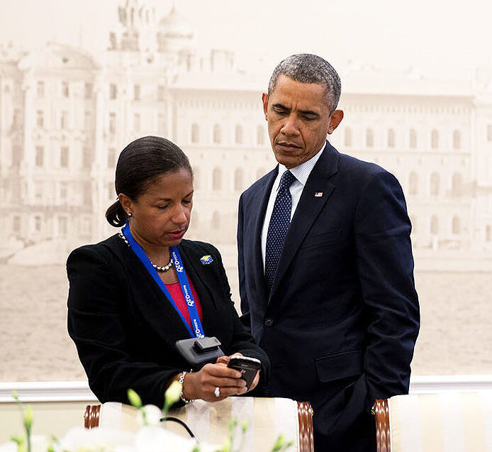 File Photo of Susan Rice and Barack Hussein Obama in St. Petersburg Russia, with Mural of St. Petersburg Scene in Background, adapted from image at whitehouse.gov