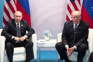 Vladirmir Putin and Donald Trump Sitting in Chairs with Flags Behind, adapted from image at whitehouse.gov