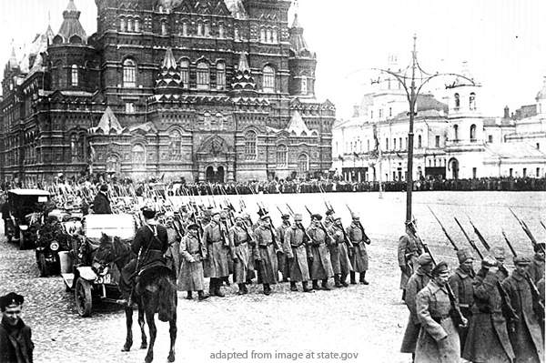 File Photo of Revolutionaries Marching in Moscow in 1917, adapted from image at state.gov