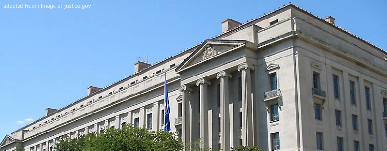 Department of Justice Headquarters Building file photo, adapted from image at justice.gov