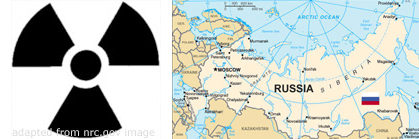 Montage of Radioactivity Symbol and Russian Map with Russian Flag, adapted from images at .gov sites
