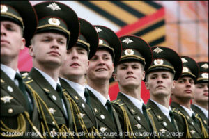 File Photo of Close-Up of Line of Russian Soldiers in Dress Uniforms for Parade, adapted from image at georgewbush-whitehouse.archives.gov with credit to Eric Draper