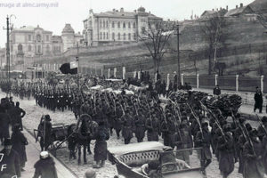 U.S. Troops Marching on Vladivostok Street ca. 1918, Followed by Other Allied Troops, adapted from image at almc.army.mil
