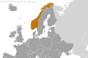 Map of Norway and Region, with Norway Highlighted, adapted from image at cdc.gov