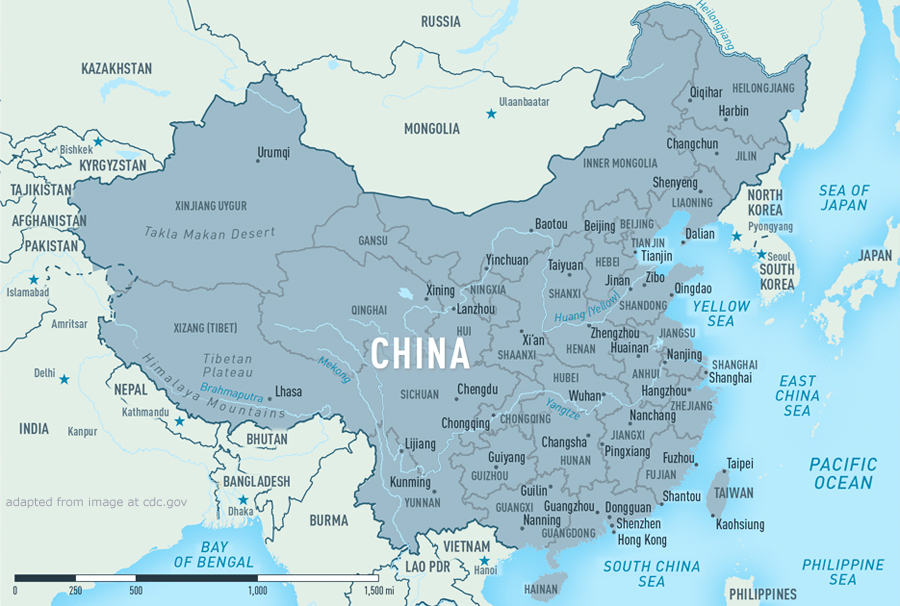 Map of China and Environs, adapted from image at cdc.gov