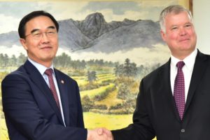 File Photo of Stephen Biegun Shaking Hands with ROK Unification Minister, from image featured at state.gov