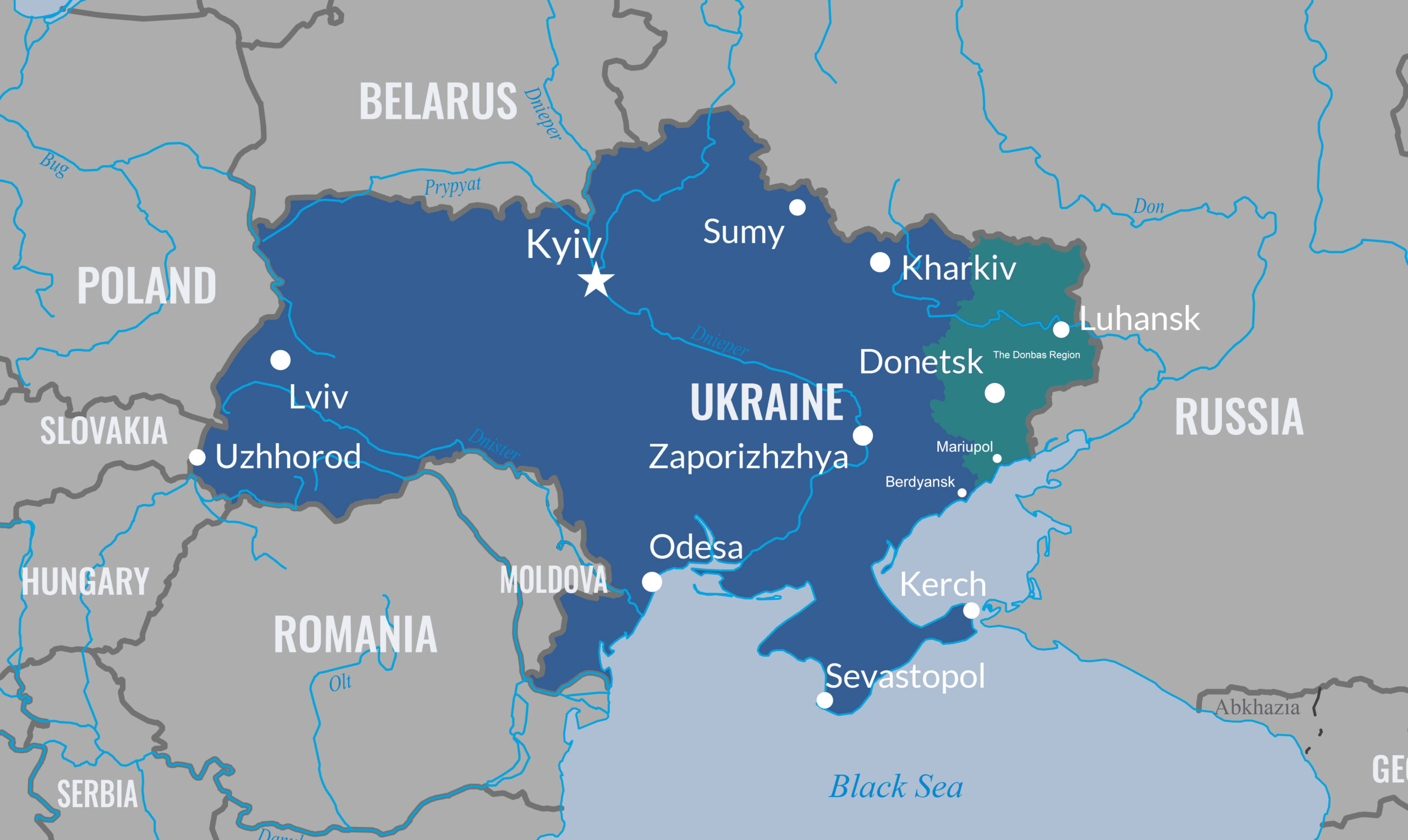 Ukraine Map Highlighting Donbas, adapted from image at defense.gov, with photo credit to Peggy Frierson, DOD