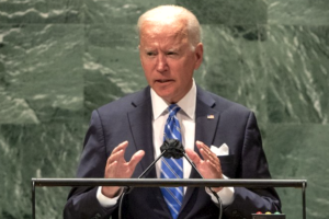 Joe Biden Gesturing at UN Podium adapted from image at whitehouse.gov
